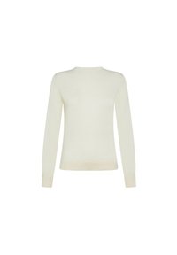 Maglione a maniche lunghe color crema chiaro con scollo rotondo, texture morbida, polsini e orlo a costine. Design semplice, senza motivi o accenti visibili.
