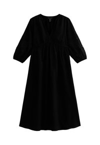 Robe noire en tissu doux, dotée d'un décolleté en V, de manches cloche trois-quarts avec broderies florales et d'une taille froncée.