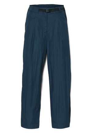 Navy blue, lightweight pants with a textured finish; features pleats and an adjustable black belt at the waist for fit.