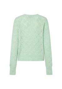 Meldri zaļš džemperis ar teksturētu atvērtu adījumu, garām piedurknēm un apaļu kakla izgriezumu. Iespējas ietver ribotas piedurknes un apakšmalu.