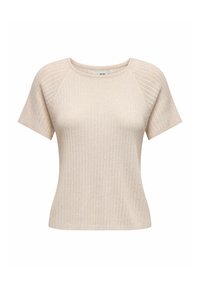 Krótkorękawowy, prążkowany top w jasnym beżu, z okrągłym dekoltem i subtelnym połyskiem, z akcentami teksturowanych paneli na ramionach.
