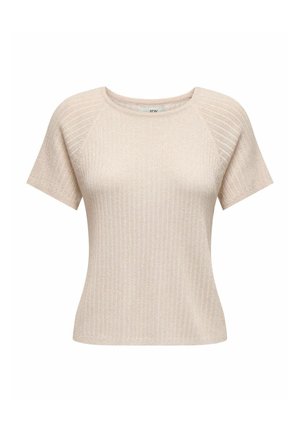 Korte mouw ribgebreid top in lichtbeige, met een ronde halslijn en subtiele glans, voorzien van textuurpaneelaccenten op de schouders.