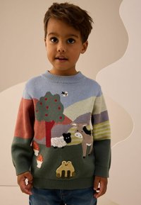 Sweter z dzianiny o zielonej podstawie z kolorowymi aplikacjami przedstawiającymi krajobraz i zwierzęta, w tym drzewo, owcę, osła, grzyby i żabę.