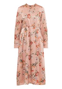 Rochie cu mânecă lungă din satin roz moale, cu un imprimeu floral, având un guler rotund și talie elastică, concepută pentru un croi lejer.