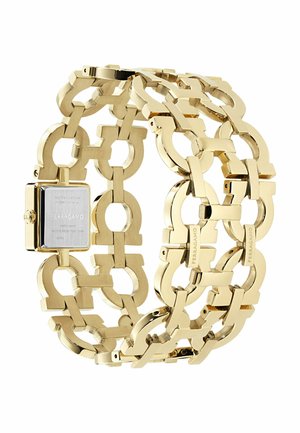 Ceas brățară Ferragamo cu lanț în nuanță aurie, cu față pătrată, logo gravat și verigi circulare și dreptunghiulare intercalate.
