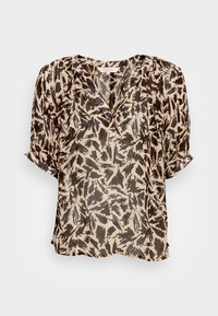 Blusa de manga corta en tejido transparente, con un patrón abstracto en tonos beige y marrón, escote en V y un corte holgado con un suave drapeado.