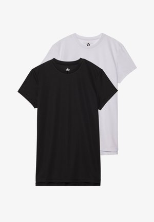 Czarno-białe t-shirty z okrągłym dekoltem, ułożone w stos, wykonane z miękkiej tkaniny, z krótkimi rękawami. Prosty design, bez widocznych wzorów czy akcentów.