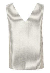 Débardeur sans manches avec un décolleté en V, présentant des rayures verticales grises et blanches, fabriqué dans un tissu léger au toucher lisse.