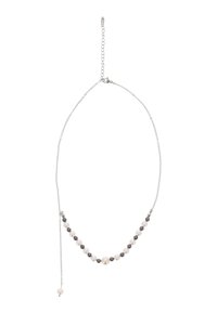 Zilveren ketting met een afgewisselde rij grijze kralen en een centrale crème-kleurige kraal. Verstelbare lengte met een slot in de vorm van een kreeft.