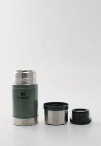 Stainless steel thermos in forest green with a polished silver lid. Includes a matching cup and a black threaded cap. Simple, cylindrical design.