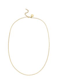 Collier en chaîne dorée avec des maillons ovales ; doté d'un fermoir à mousqueton et d'une chaîne ajustable avec un petit accent en disque.