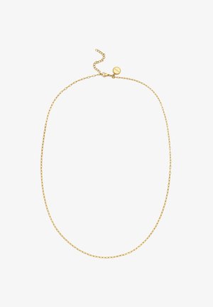 Halskette aus goldfarbenem Metall mit ovalen Gliedern; sie verfügt über einen Karabinerverschluss und eine verstellbare Kette mit einem kleinen Plattenakzent.