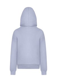 Felpa viola chiaro con un grande cappuccio standard, maniche lunghe e polsini a coste. Presenta una texture di tessuto semplice e liscia.