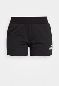 Svarta atletiska shorts med resårmidja och sidsöm, med en vit Puma-logotyp på nedre vänstra framsidan. Mjuk tygkänsla.