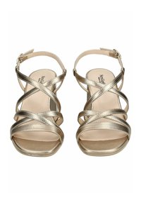 Strappy open-toe sandals in metallic gold. Features crisscross straps and an ankle buckle. Smooth texture with a flat, square toe design.