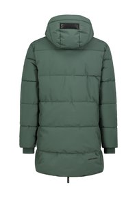 Grüne steppjacke mit Kapuze, die ein gestepptes Design, elastische Bündchen und das Markenlabel auf der Rückseite aufweist. Glatte, matte Oberfläche.