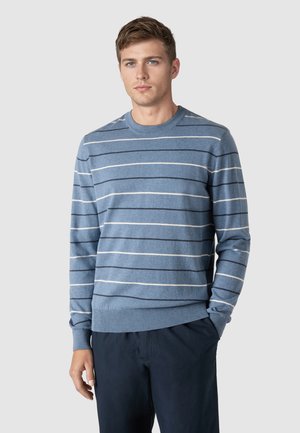 Giovane uomo che indossa un maglione blu a maniche lunghe con sottili righe orizzontali nere e bianche, abbinato a pantaloni scuri.