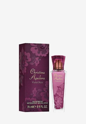 Bottiglia spray da 15 ml di eau de parfum Christina Aguilera Violet Noir con confezione viola decorata con motivi floreali.