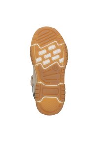 Semelle de chaussure en caoutchouc de couleur beige et à motif texturé, avec des rainures et une zone de doigt renforcée. Indicateur de taille visible sous la mention "27".