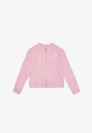 Veste zippée rose à manches longues, avec poignets et ceinture côtelés, ornée d'un logo argenté sur le côté gauche de la poitrine, fabriquée en tissu doux.