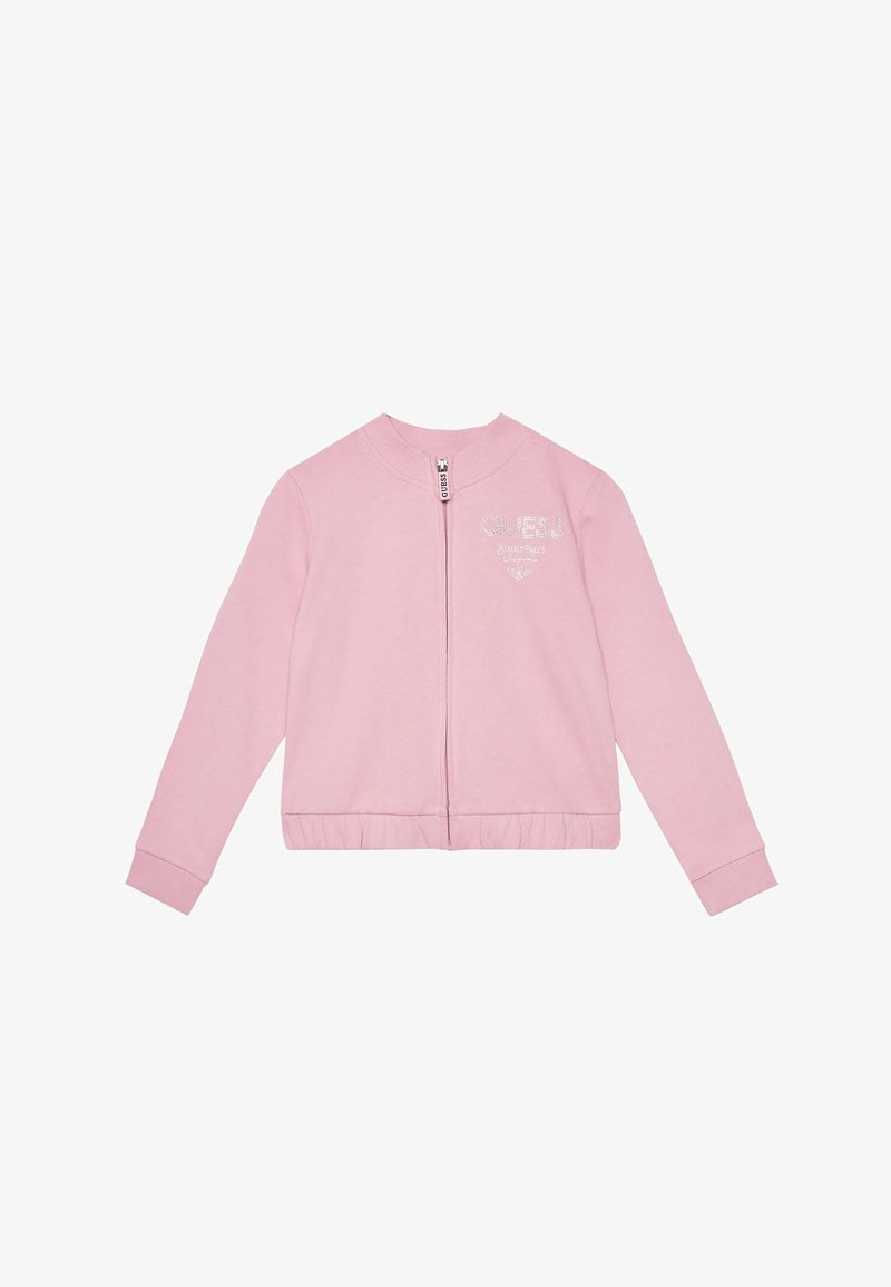 Veste zippée rose à manches longues, avec poignets et ceinture côtelés, ornée d'un logo argenté sur le côté gauche de la poitrine, fabriquée en tissu doux.