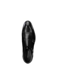 Schwarze Lederhalbschuhe mit runder Zehenform, doppelter Schnallenverschluss und glatter Oberfläche. Dezente Nähte und strukturierte Akzente an der Seite.
