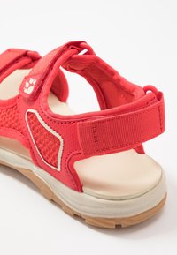 Červené sandály s mesh svrškem, nastavitelné suché zipy, polstrovanou podrážkou a strukturovanou gumovou podrážkou pro lepší grip. Design zahrnuje akcenty ve tvaru tlapky.