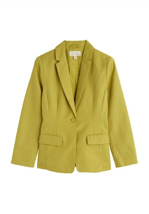 Leinenblazer in leuchtendem Grün mit Reverskragen, einzelnem Knopfverschluss und zwei frontalen Taschen in strukturiertem Schnitt.