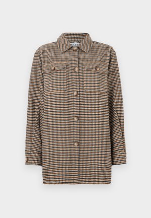 Brown and black checkered button-up jacket with two front pockets and thick fabric. Features a collar and long sleeves.