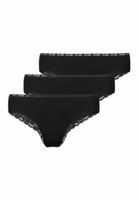 Culottes en coton noir avec bord en dentelle, présentant une coupe taille basse. Trois paires exposées, mettant en valeur une texture lisse et des bords festonnés.