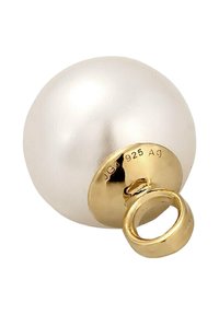 Pendentif en perle argentée avec une surface ronde et lisse, doté d'une attache boucle en or en haut. Des marques sur la face inférieure indiquent la teneur en métal.