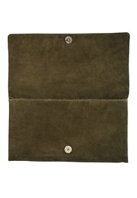 Olivgrön mockaplånbok med en mjuk textur. Har en framficka med knappstängning och en dekorativ silverdetalj. Minimalistisk design.