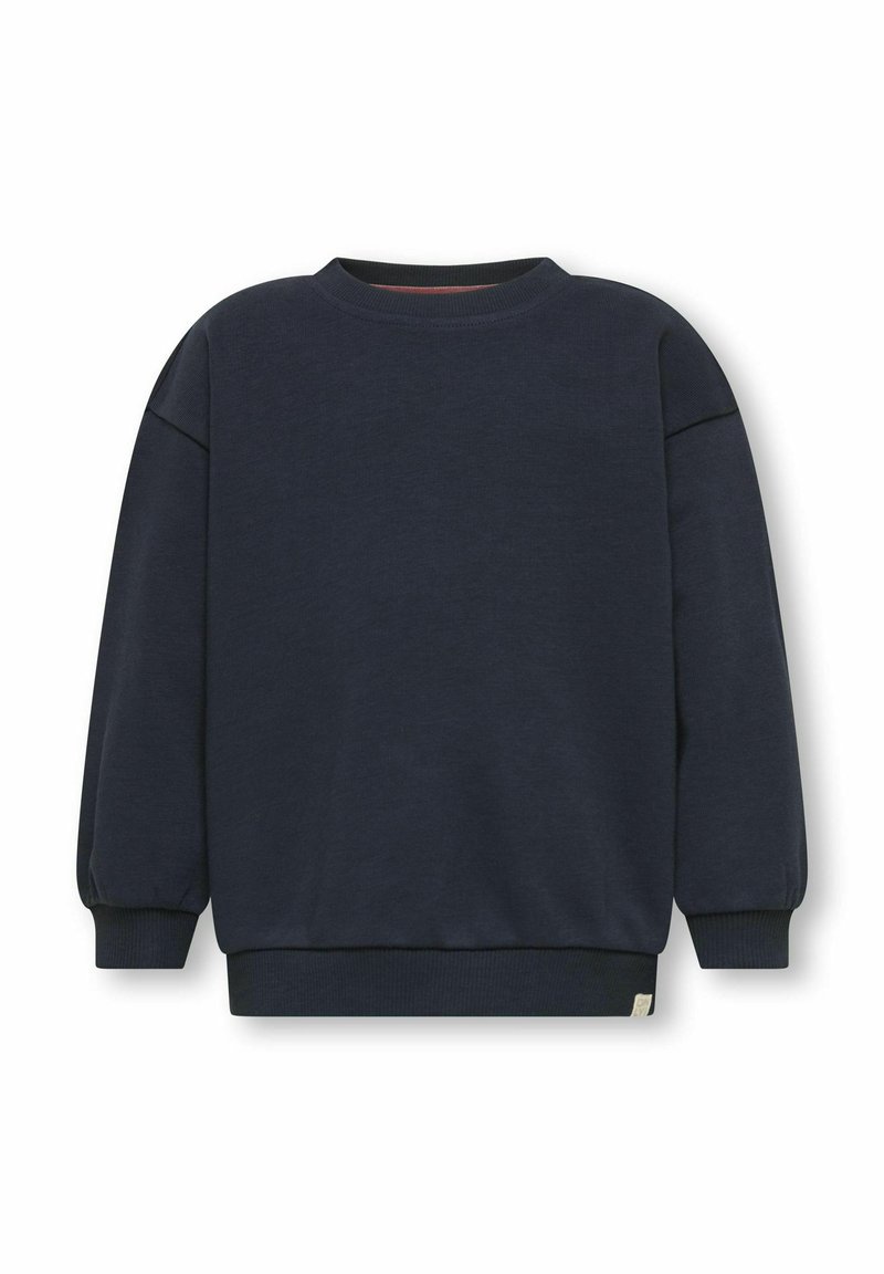 Donkerblauwe sweatshirt met een ronde halslijn, lange mouwen, elastische mouwen en zoom. Zachte, textuurstof zonder zichtbare graphics of patronen.
