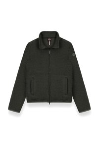 Giacca zip-up verde scuro con texture a coste, colletto alto, due tasche laterali e un logo sulla manica sinistra.