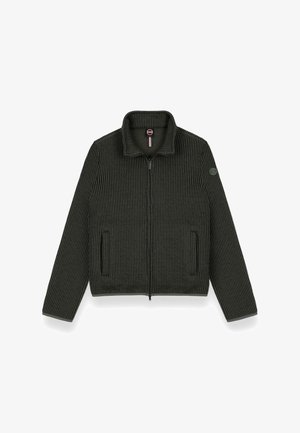 Tmavě zelená zipová bunda s žebrovanou strukturou, vysokým límcem, dvěma bočními kapsami a logem na levém rukávu.