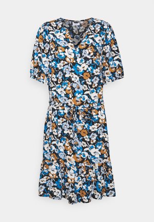 Floral knee-length dress with short puff sleeves, V-neck, adjustable waist tie, and ruffled hem in blue, white, brown, and black colors.