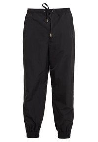 Svarta joggerbyxor i lätt tyg, med ett elastiskt midjeband och snörning, samt elastiska muddarna vid anklarna.