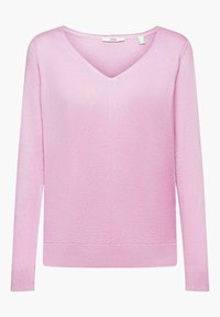 Pull à manches longues rose clair avec col en V, poignets et ourlet côtelés, fabriqué en tissu tricot fin.