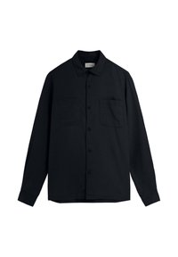 Camisa negra de botones con mangas largas, dos bolsillos en el pecho, cuello y dobladillo recto. Hecha de una tela suave de color sólido.