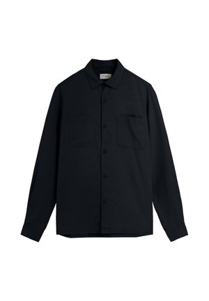 Chemise noire à manches longues, avec deux poches poitrine, col et ourlet droit. Fabriquée dans un tissu lisse de couleur unie.