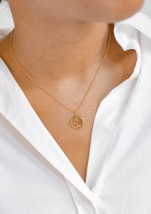Goldene Anhängerkette mit einem Baummotiv, das an einer dünnen Kette hängt und über einem weißen Hemd mit Kragen getragen wird.