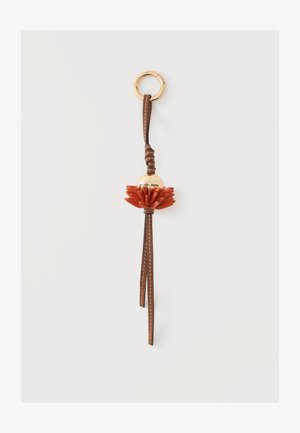 Nøglering med guldring og brun læderstrop, dekorativ orange blomst og gyldent perle med gravering Michael Kors.