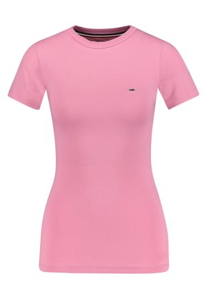 Short-sleeve pink T-shirt made of soft fabric. It features a crew neckline and a small logo accent on the chest. Smooth texture throughout.