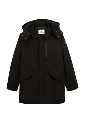 Long manteau d'hiver noir avec capuche, fermeture éclair frontale, deux poches à rabat et une poche zippée sur la poitrine, conçu pour les temps froids.