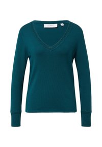 Zielona sweter z długim rękawem i dekoltem w serek, ozdobiony brokatem na dekolcie i mankietach, z widoczną metką rozmiaru wewnątrz kołnierza.