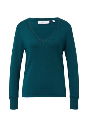 Tiefblauer Pullover mit langen Ärmeln und V-Ausschnitt, glitzernder Besatz am Ausschnitt und an den Bündchen, Größenetikett innen am Kragen sichtbar.