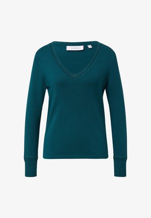 Zielona sweter z długim rękawem i dekoltem w serek, ozdobiony brokatem na dekolcie i mankietach, z widoczną metką rozmiaru wewnątrz kołnierza.