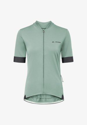 Hellgrünes kurzärmeliges Radtrikot mit durchgehendem Frontreißverschluss, schwarzen Ärmelbündchen und Vaude-Logo auf der Brust.