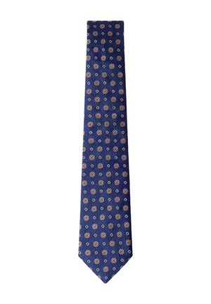 Navy blue necktie with a repeating pattern of small orange and white geometric floral shapes.