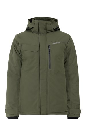 Olivově zelená izolační bunda s nastavitelnou kapucí, zipovými a klopovými kapsami a hladkou strukturou, vhodná pro chladné počasí.